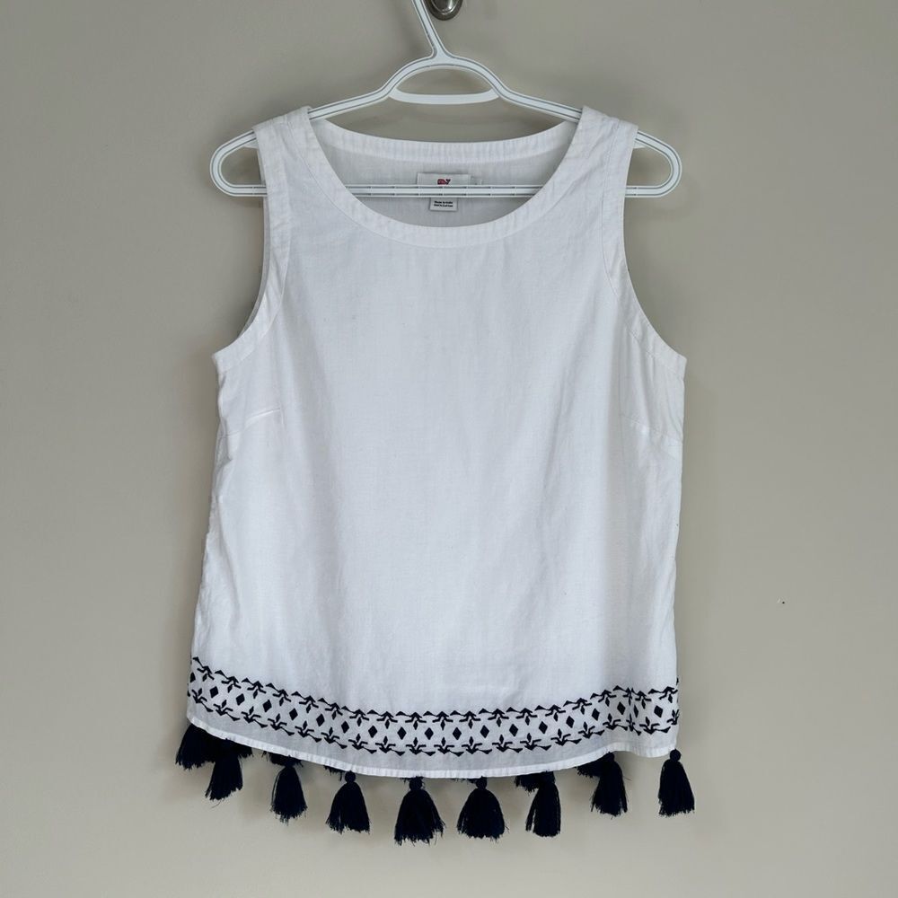 Vineyard Vines White Blouse With Blue Pom Pom Trim
